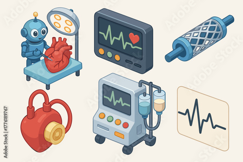 Cartoon robot performing heart surgery with medical equipment and heartbeat monitor