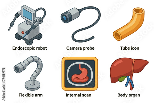 Medical robotics and imaging: endoscopic robot, camera probe, and anatomy icons