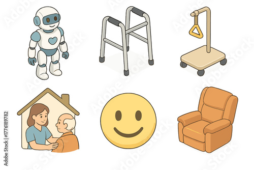 Elderly care icons featuring robot, walker, mobility aid, caregiver, emoji, recliner