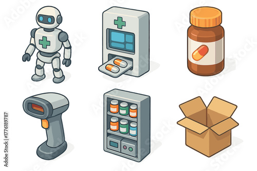 Healthcare robot and medical equipment icons: pharmacy, automation, medicine, scanner, packaging
