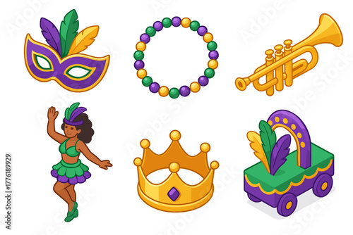 Colorful mardi gras icons featuring mask, beads, trumpet, dancer, crown, and parade float