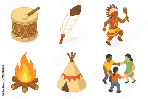 Native american culture icons: drumming, feathers, dance, campfire, teepee, children playing