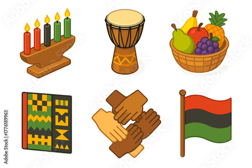 Kwanzaa symbols: kinara, drum, fruit basket, unity, african flag, kente cloth