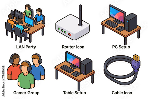 Illustrated icons of gaming and computer setups