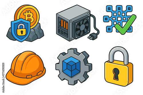 Cryptocurrency security and mining concepts with iconic symbols