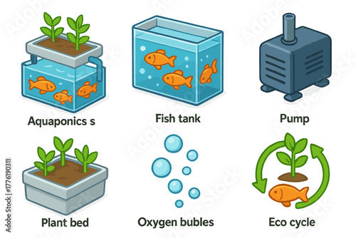 Aquaponics system icons: fish tank, plant bed, pump, eco cycle, oxygen bubbles