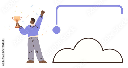 Person raising trophy in triumph, colorful confetti around them, curved cloud icon with connector. Ideal for success, achievement, leadership, teamwork, recognition, motivation digital innovation
