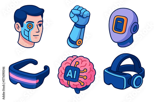 Futuristic technology icons featuring ai brain, robotic arm, vr headsets, cyborg male
