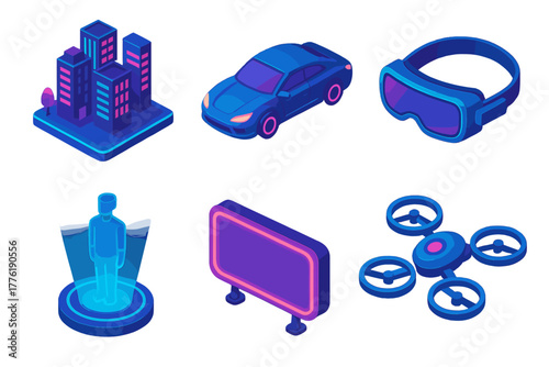 Isometric tech collection: cityscape, car, goggles, hologram, billboard, drone