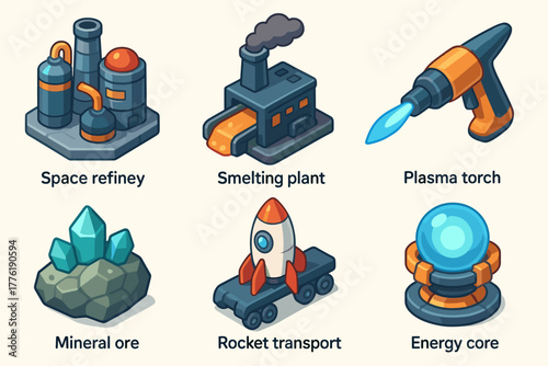 Futuristic industrial icons: space refinery, smelting plant, plasma torch, and more