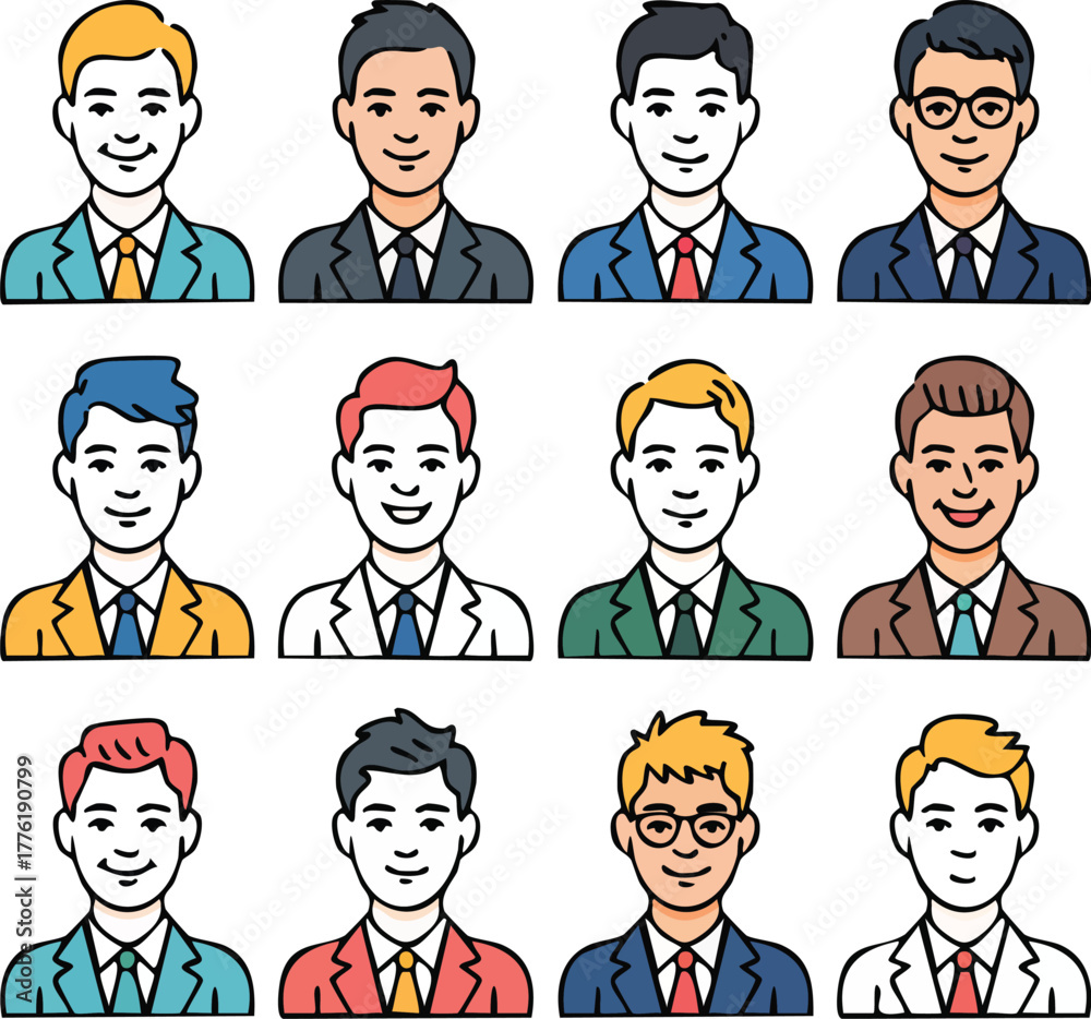 Fototapeta premium Business People Avatar Vector Icons Diverse Portraits of Men Colorful Suits Ties