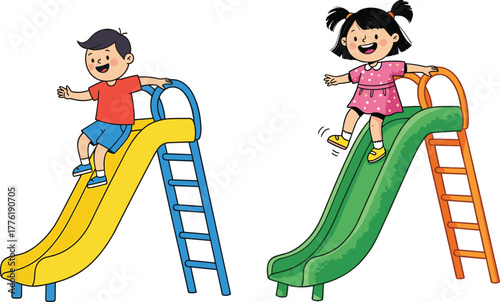 Colorful playground vector illustration of happy children sliding on slides, joyful kids activity, outdoor recreation, childhood fun, summer playtime scene