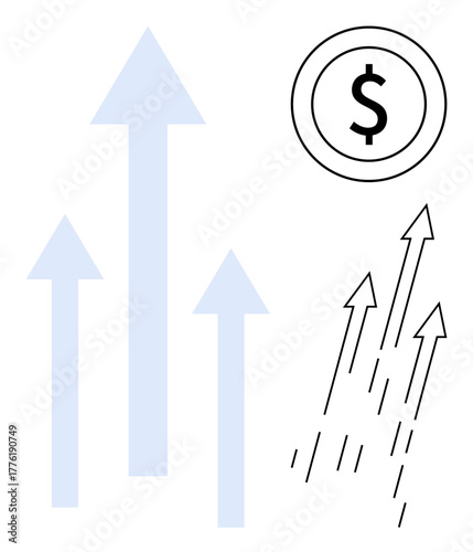 Upward arrows in varying styles paired with a dollar sign highlight growth, success, financial prosperity, and business advancement. Ideal for strategy, finance, economic progress, innovation, goal