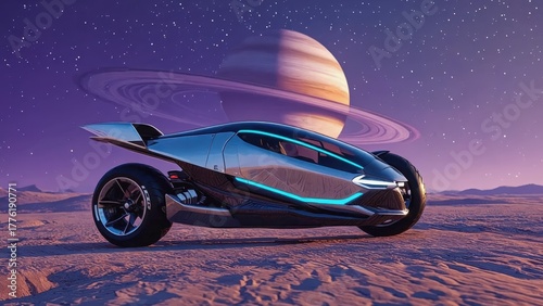 Fototapeta Naklejka Na Ścianę i Meble -  A revolutionary hybrid vehicle blending bicycle, motorcycle, and spacecraft design, soaring in a cosmic landscape.