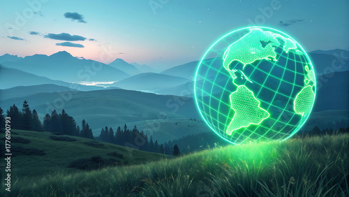 Glowing digital earth sphere rests on a grassy hillside with misty mountains in the background