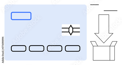 Credit card with simplified details alongside a downward arrow pointing to an open box. Ideal for ecommerce, payment processing, shipping, online shopping, logistics, transactions, packing. Simple