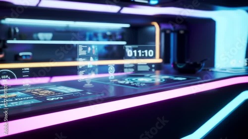 Wallpaper Mural Futuristic kitchen interior with neon lights, digital displays, and modern appliances. Torontodigital.ca