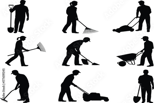Gardening silhouette, landscaping activity, black graphic, vector illustration, outdoor maintenance, shovel, rake, lawnmower, wheelbarrow, hoe, yard work, tool usage