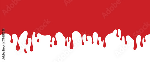 Halloween seamless blood border vector. Red dripping paint with splashes and leaks, resembling bleeding liquid. Grunge horror stains and messy blobs background. Isolated ink drips and splatters creati