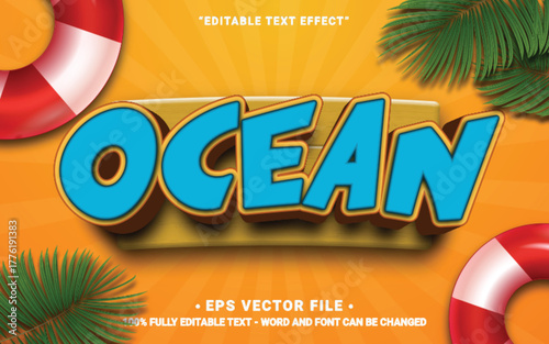 Ocean 3d text effect vector editable on the board with orange background