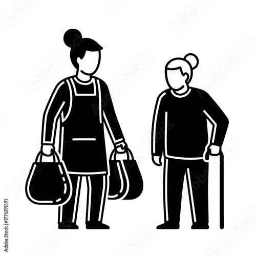Young woman assisting elderly person with shopping bags, caring interaction, flat design