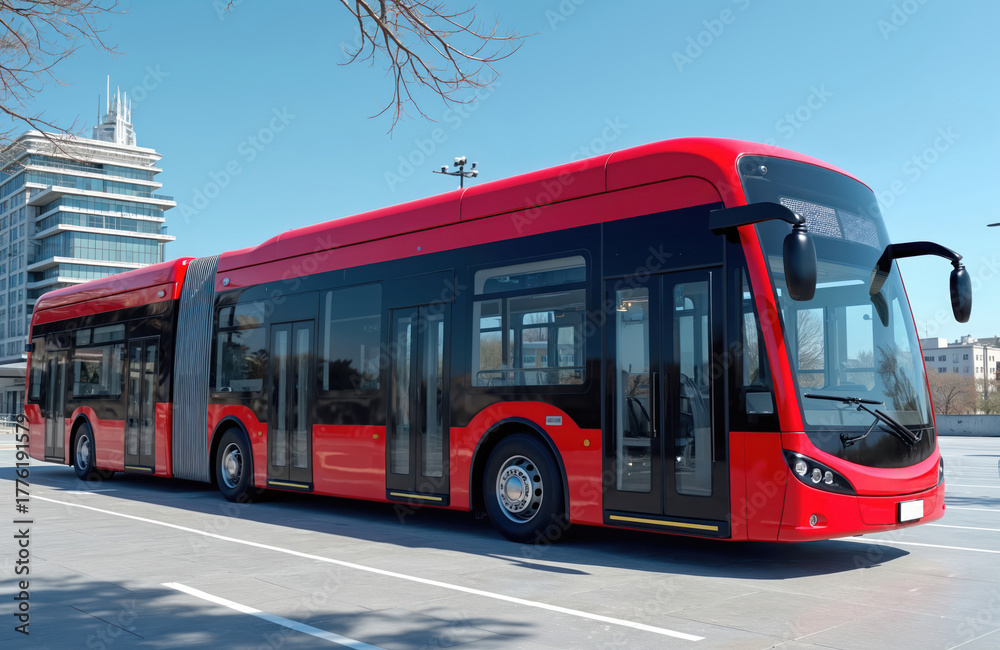 Fototapeta premium Red articulated trolleybus stands at station. Modern public transport vehicle with multiple doors waits for passengers. City transportation system moves people efficiently.