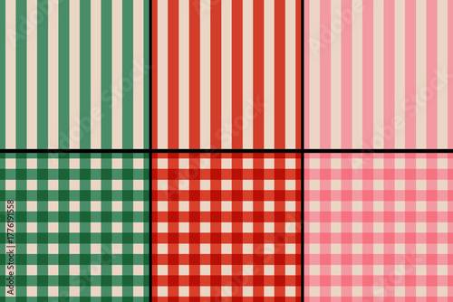 Vector set of retro classic geometric patterns for Christmas and New year. Vintage seamless gingham, plaid and striped patterns for winter holidays.