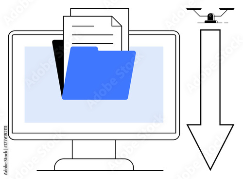 Computer monitor displaying folder containing documents, downward arrow indicating digital download process. Ideal for cloud storage, data sharing, archiving, file transfer, productivity, technology