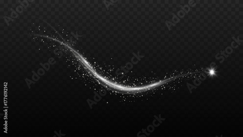 White magic light swirl. Shining silver spiral lines with glowing effect. Glowing white spiral light effect. Bright swirl with sparkle and shimmer isolated on transparent background.