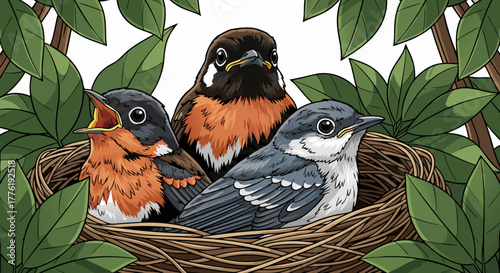 Three birds in a nest surrounded by green leaves, illustration of a family of birds in their natural habitat