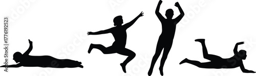 Human silhouette, dynamic pose, jumping motion, crawling figure, expressive gesture, black graphic, vector illustration, movement icon, action stance, emotionHuman silhouette