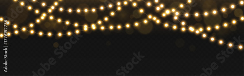 Festive Christmas garland. Realistic LED garland on a transparent PNG background. Vector Christmas lights. Festive LED lamps in warm colors.