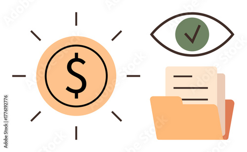 Dollar sign radiating value, an open folder with documents, and an eye with a checkmark. Ideal for finance, organization, security, data analysis, business strategy document handling wealth. Simple