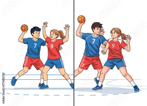 Dynamic mixed gender handball match illustration showing male and female athletes competing with offensive and defensive techniques in professional sports action