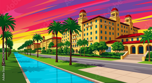 Cartoon View of a Sunny Resort Hotel with Palm Trees and Waterway