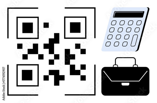 QR code with a modern calculator and black briefcase representing finance, digital tools, business operations, e-commerce, technology integration, cashless transactions, and workplace solutions