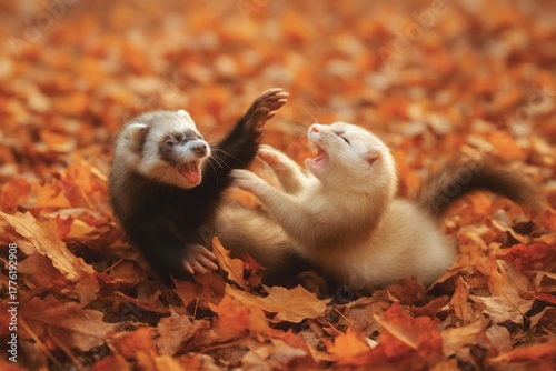 Two ferrets playing in autumn leaves outdoors in natural setting