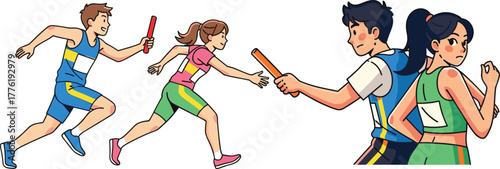 Dynamic mixed relay race athletes passing batons in motion, teamwork and competition concept, male and female runners exchanging during track event