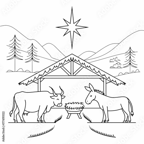 Nativity scene outline with stable and shining star – Ideal for Christian holiday themes, religious cards, or Christmas story illustrations.