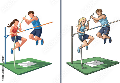 Dynamic pole vault athletes in action, male and female sports competition, track and field vector illustration, professional athletic performance scene
