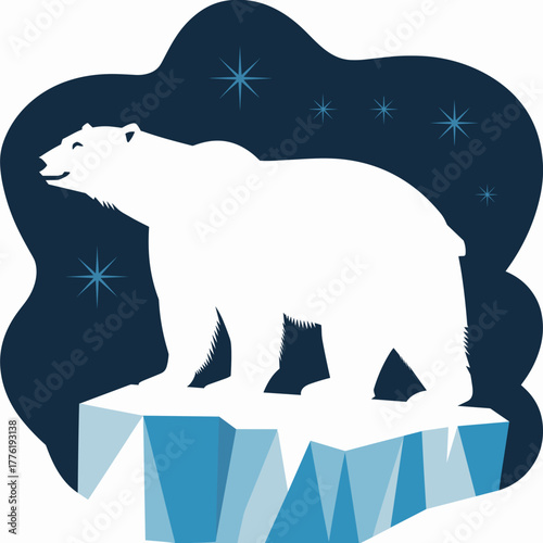 Polar bear silhouette on ice under night sky – Ideal for wildlife conservation, Arctic themes, or environmental awareness content