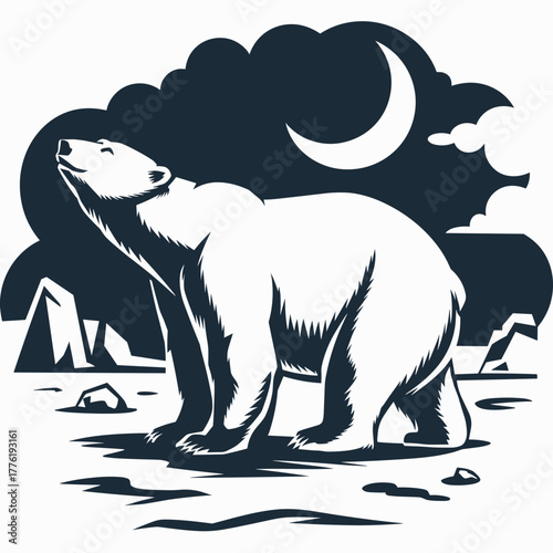 Polar bear silhouette under crescent moon – Ideal for nocturnal wildlife concepts, Arctic conservation, or nature illustration content