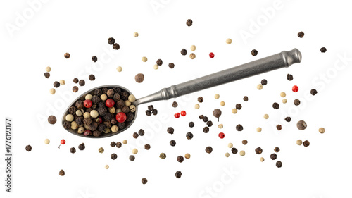Dried mixed pepper or retro spoon and flying isolated on white background. Aromatic spicy ingredient for cuisine.