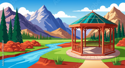 Scenic vector illustration of a peaceful mountain landscape with a relaxing gazebo by a winding river during a clear summer day f