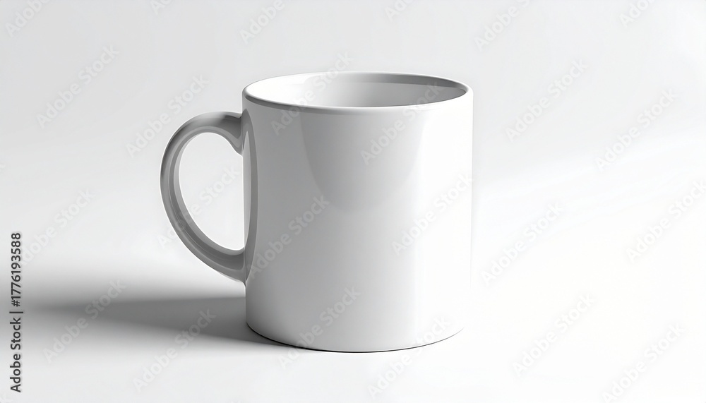 Fototapeta premium Plain white ceramic mug with rounded handle on a light gray background and soft shadows.