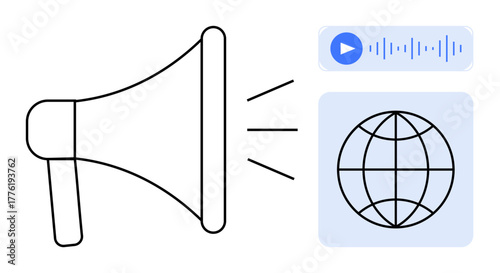 Megaphone emitting sound waves next to a globe and audio wave visual. Ideal for communication, marketing, media, outreach, global connection, podcasting, promotion. Simple flat metaphor