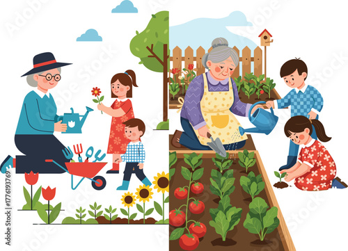 Elderly people and children gardening together with flowers, vegetables, teamwork, sustainability, outdoor family bonding, intergenerational care, nature education illustration