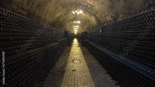 A vertical image of wine bottles elegantly stacked in a winery cellar, featuring soft lighting that enhances the rich textures and warm ambiance.