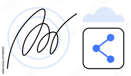 Hand-drawn signature, sharing icon with nodes, and cloud outline. Ideal for technology, security, connectivity, agreement, authentication data sharing and integration. Clean simple landing page