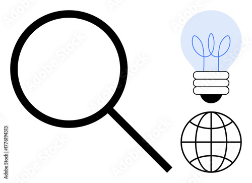 Magnifying glass, lightbulb, and globe icon blend curiosity, innovation, and worldwide connectivity. Ideal for education, creativity, discovery research innovation technology teamwork. A simple